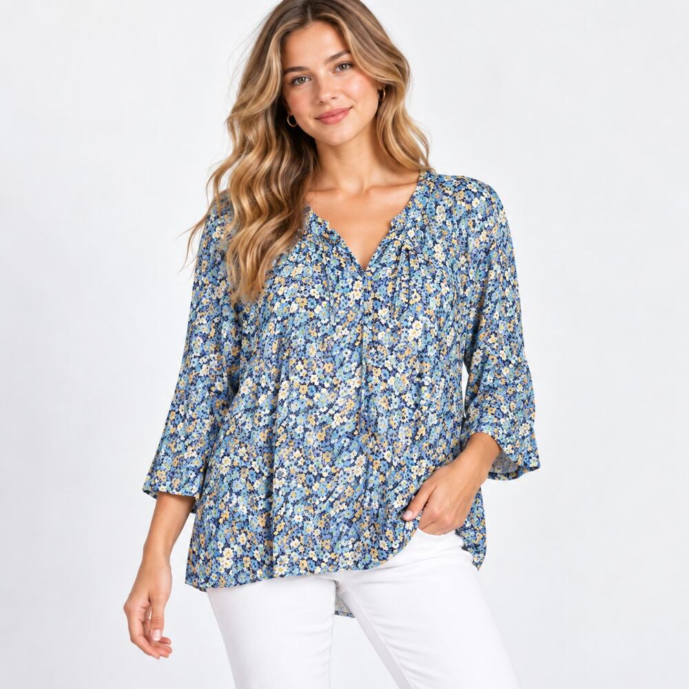 J. Jill Rayon Blouse Women's Size XL Blue Floral Cottage Boho Coastal Office